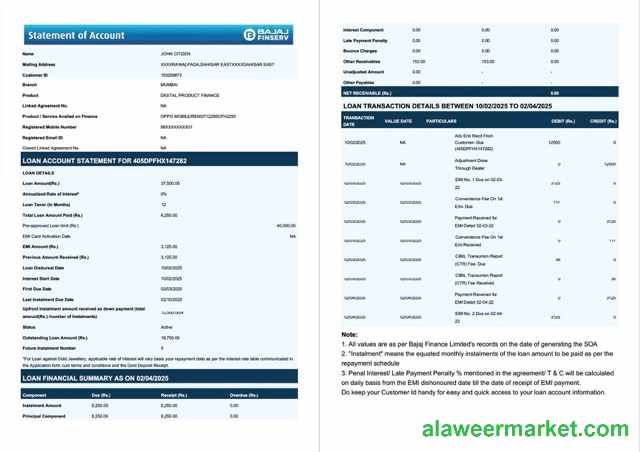 India Bajaj Finserv statement of account Word and PDF template, 2 pages